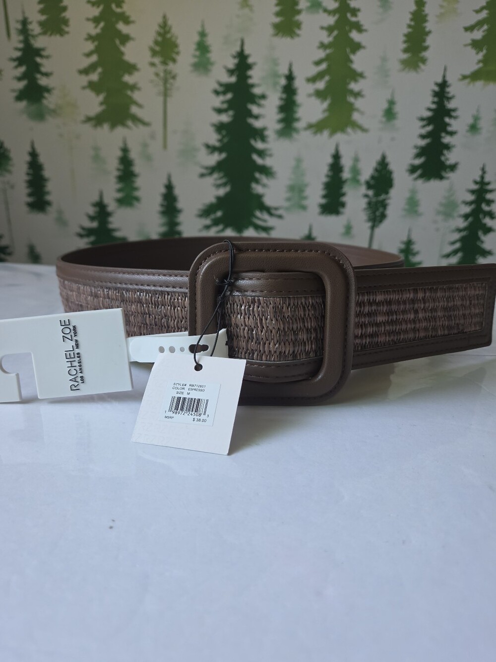 Rachel Zoe Woven Faux Leather-Trim Brown Belt